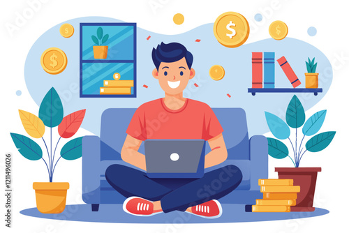 A cheerful freelancer is busy on a laptop, seated comfortably among coins and plants Happy freelancer with laptop sitting on coins at home