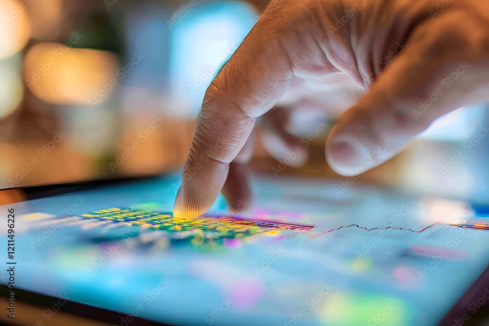 Fototapeta premium Close up of Hand Pointing to Digital Graph on Tablet During Meeting