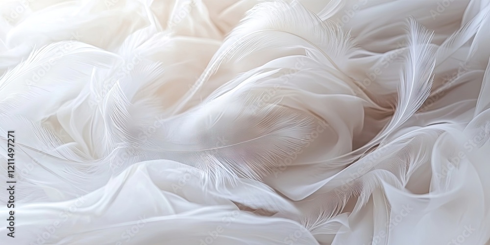 Fototapeta premium Delicate white silk feathers backdrop with soft chiffon waves and curves creating a smooth and airy texture, subtle light highlights throughout.