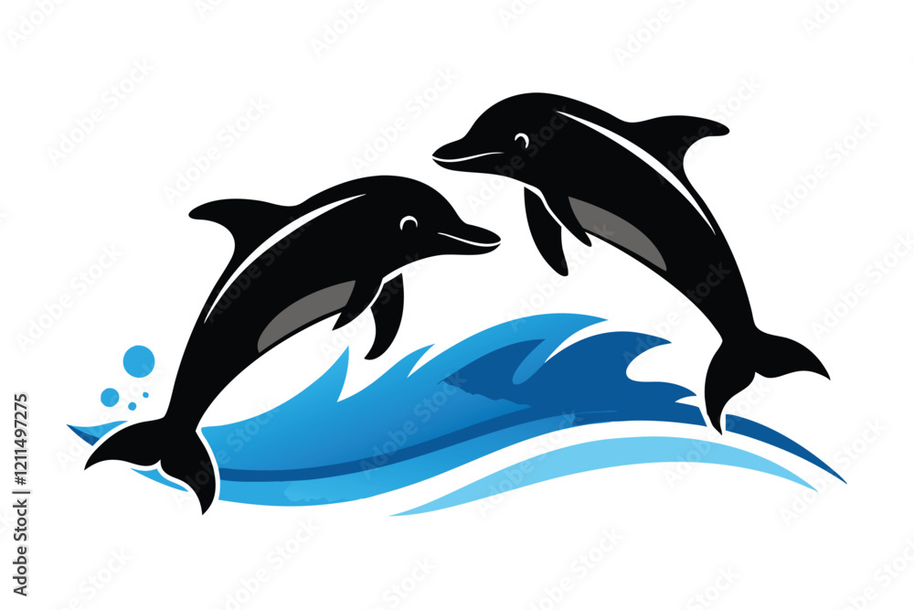 Obraz premium Jumping Dolphin Silhouette with Splashing Waves Vector Illustration