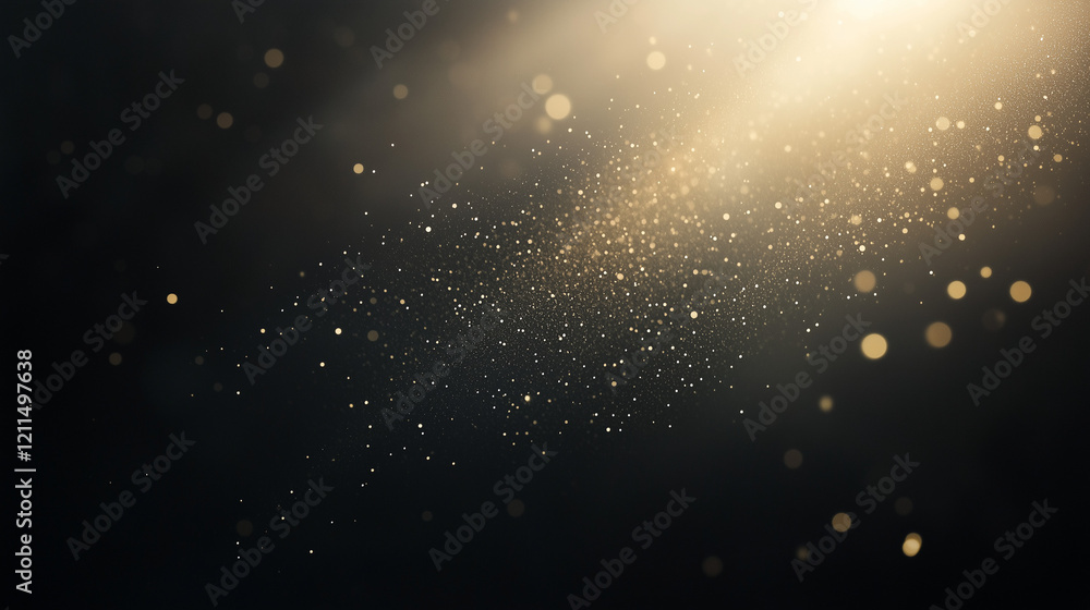 Fototapeta premium Golden Dust and Light: A beam of golden light pierces through the darkness, illuminating swirling dust particles that dance in the air, creating a mesmerizing ethereal atmosphere of magic and mystery.