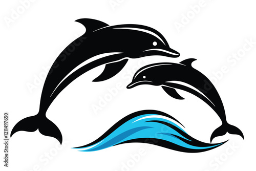 black silhouette Playful dolphins jumping out of the ocean waves isolated white background
