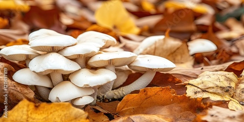 White mushrooms nestled among orange and brown autumn leaves in a forest setting highlight natural organic food sources promoting healthy living. photo