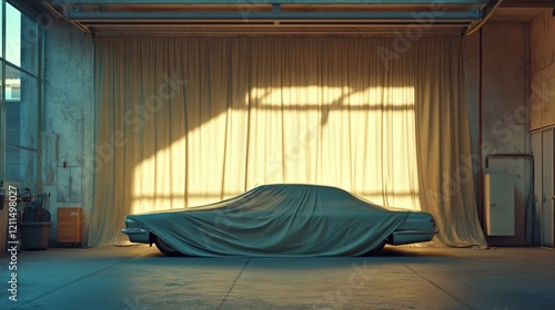 Empty garage with a large cloth placed over an unseen car, light and shadow interacting on the folds of the fabric  photo