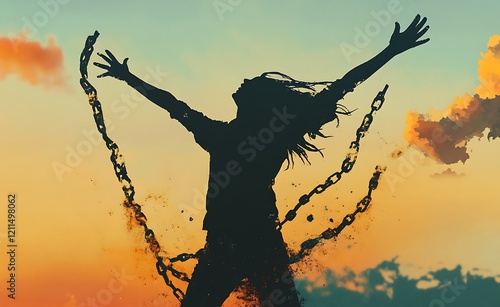 A silhouette of an individual breaking free from chains, A sense of relief or freedom is evident in their expression as they raise both arms up towards the sky