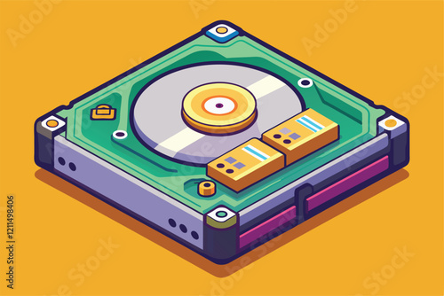 A vibrant cartoon hard drive with customizable components presented on a cheerful orange backdrop Hard drive Customizable Cartoon Illustration