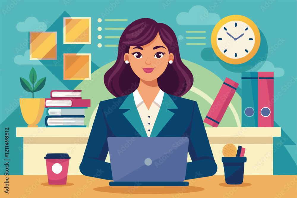 A businesswoman focuses intently on her laptop while surrounded by office supplies and decor Hardworking businesswoman A businesswoman focuses intently on her laptop while surrounded by office supplies and decor Hardworking businesswoman