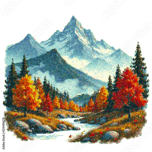 Mountain range illustration vector with trees and river in autumn isolated