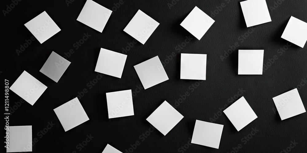 White square paper stickers arranged randomly on a black background with varying angles creating visual depth and contrast in composition.