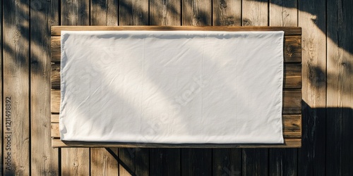 Aerial view of a rustic wooden table with a white tablecloth centered on it surrounded by warm wooden tones ample space for text display