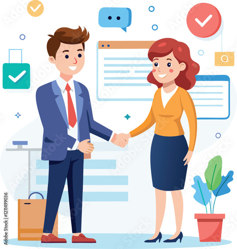 People shaking hands at work - Two businesspeople, man and woman doing handshake in office at work while smiling over business agreement and deal. Flat design stock illustration on white background