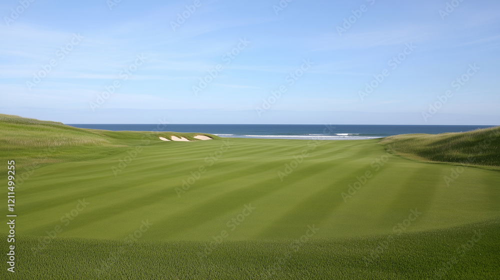 Obraz premium Coastal Golf Course View: A panoramic view of a picturesque golf course stretching towards the vast ocean.