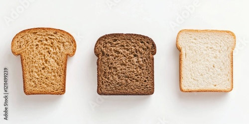 Whole grain and white sandwich bread slices arranged in a row on a clean white background showcasing varying textures and colors of bread photo