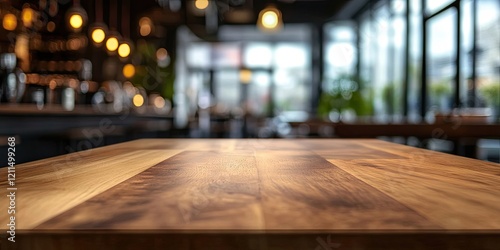 Wallpaper Mural Wooden table top in sharp focus with warm brown hues against a softly blurred contemporary cafe background featuring glowing lights and greenery Torontodigital.ca
