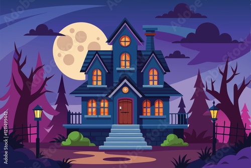 A haunted house stands ominously under a full moon, surrounded by dark trees and a chilling nighttime atmosphere Haunted house Customizable Semi Flat Illustration