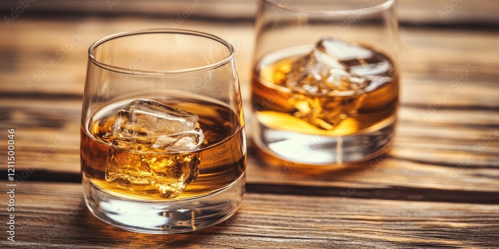 Whiskey on the rocks in clear glasses with ice cubes on a rustic wooden tabletop featuring warm brown hues and natural textures. Whiskey on the rocks in clear glasses with ice cubes on a rustic wooden tabletop featuring warm brown hues and natural textures.