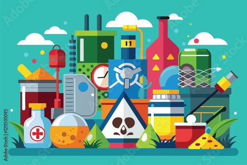Colorful illustration showcasing hazardous waste items, including chemical bottles and caution symbols Hazardous waste Customizable Disproportionate Illustration