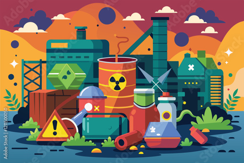 Vivid illustration showing various hazardous waste containers and facilities in an industrial landscape Hazardous waste Customizable Disproportionate Illustration