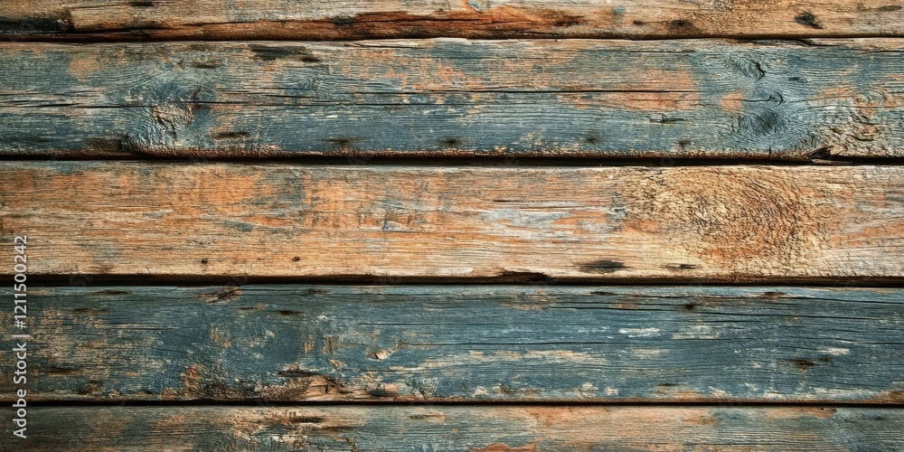 Weathered wooden texture background featuring brown and teal blue hues with a horizontal plank arrangement and rustic, aged details. Weathered wooden texture background featuring brown and teal blue hues with a horizontal plank arrangement and rustic, aged details.
