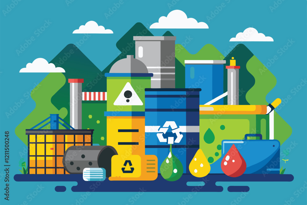 Customizable illustration featuring hazardous waste containers and eco-friendly symbols set against a nature backdrop Hazardous waste Customizable Semi Flat Illustration Customizable illustration featuring hazardous waste containers and eco-friendly symbols set against a nature backdrop Hazardous waste Customizable Semi Flat Illustration