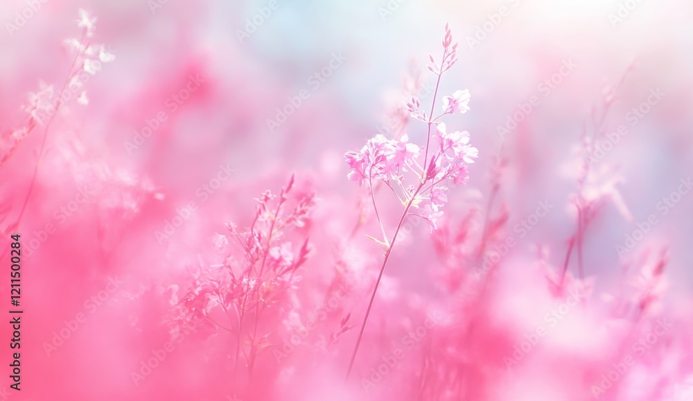 Soft focus pink flowers in a dreamy, pastel field.