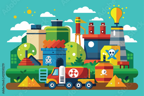 A colorful representation of hazardous waste facilities surrounded by industrial structures and greenery Hazardous waste Customizable Semi Flat Illustration