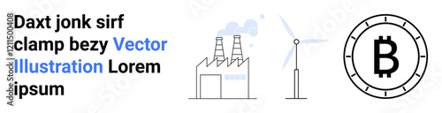 Industrial factory emitting smoke, wind turbine, large Bitcoin coin symbol. Ideal for technology, renewable energy, blockchain, cryptocurrency, industry, sustainability, innovation. Landing page