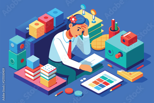 A person sits amid vibrant materials, clearly experiencing a headache while working on a project Headache Customizable Isometric Illustration