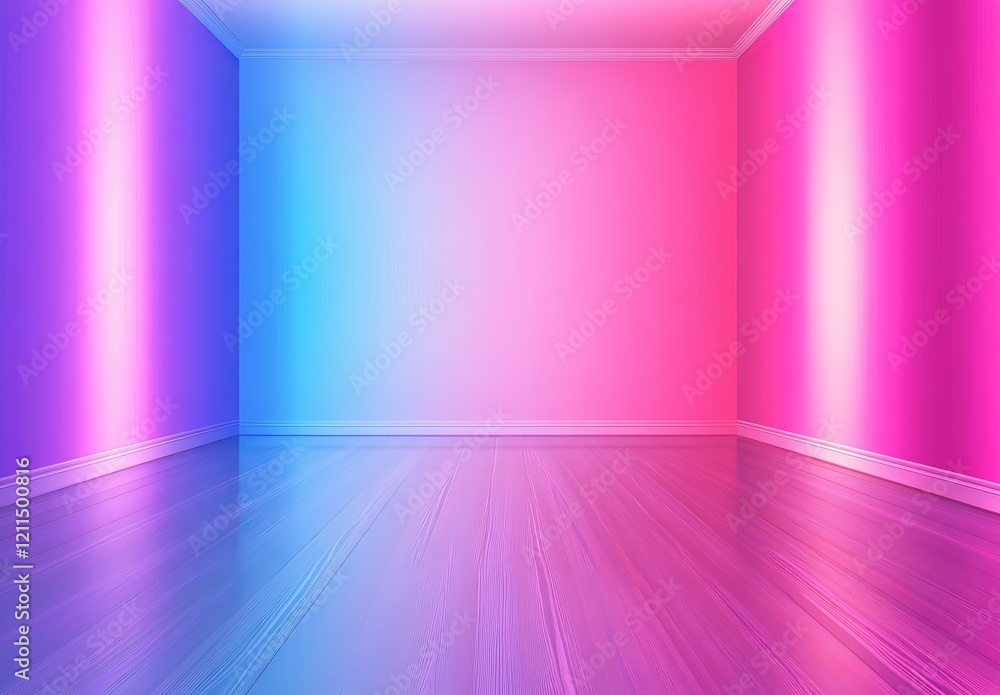 Empty room with neon pink, purple, and blue walls and glossy floor. Empty room with neon pink, purple, and blue walls and glossy floor.