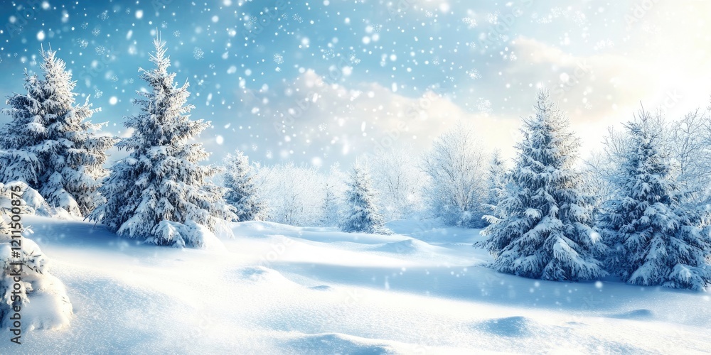 Winter landscape featuring snow-covered evergreen trees in the foreground and a blue sky with soft clouds and falling snowflakes in the background. Winter landscape featuring snow-covered evergreen trees in the foreground and a blue sky with soft clouds and falling snowflakes in the background.