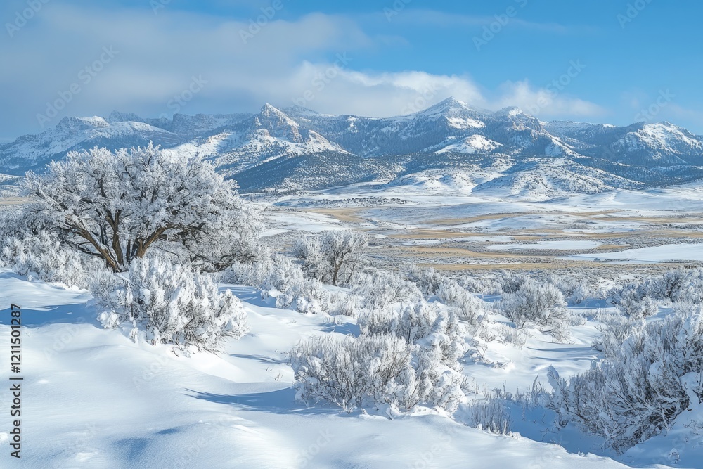 Snowy mountains rising above frosted valley in winter landscape Snowy mountains rising above frosted valley in winter landscape