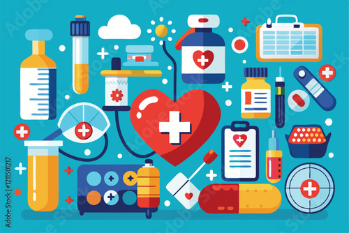Colorful illustrations of medical tools, drugs, and equipment used in health care and treatment procedures Health care and medicine, treatment,