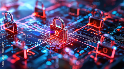 Digital locks on circuit board symbolize cybersecurity and protection against cybercrime. vibrant colors evoke sense of security and technological advancement