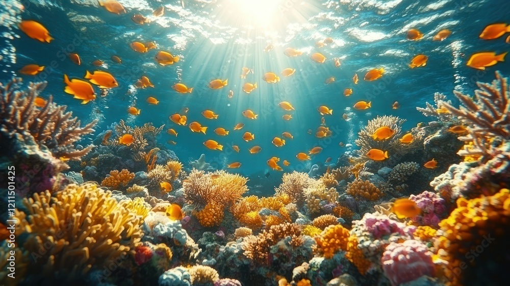 Fototapeta premium Vibrant Coral Reef Underwater Paradise: A Sunlit Ocean Scene