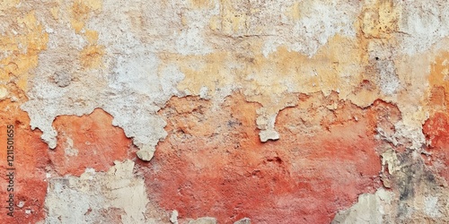 Aged textured wall in earthy tones of orange and red featuring distressed, peeling paint and cracked surfaces creating a rustic, weathered look photo