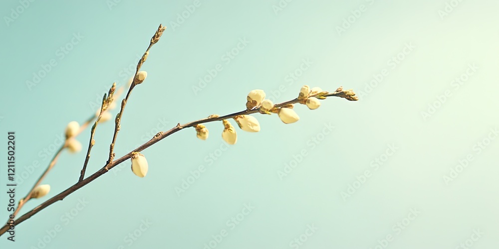 Willow branch with delicate yellow buds positioned left against a soft pastel blue sky providing ample copy space for a spring theme. Willow branch with delicate yellow buds positioned left against a soft pastel blue sky providing ample copy space for a spring theme.
