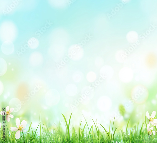 A cheerful spring background featuring light green grass, a clear blue sky, and a bright sunny glow with soft bokeh effects. The warm sunlight enhances the vibrant landscape