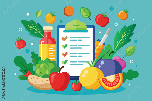 A notepad displays a healthy food checklist surrounded by vibrant fruits and vegetables Healthy food list concept