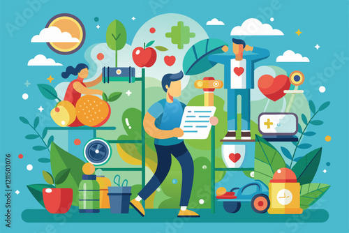 A vibrant illustration showcasing various healthy habits like exercise and nutrition in a cheerful, engaging way Healthy habit Customizable Flat Illustration