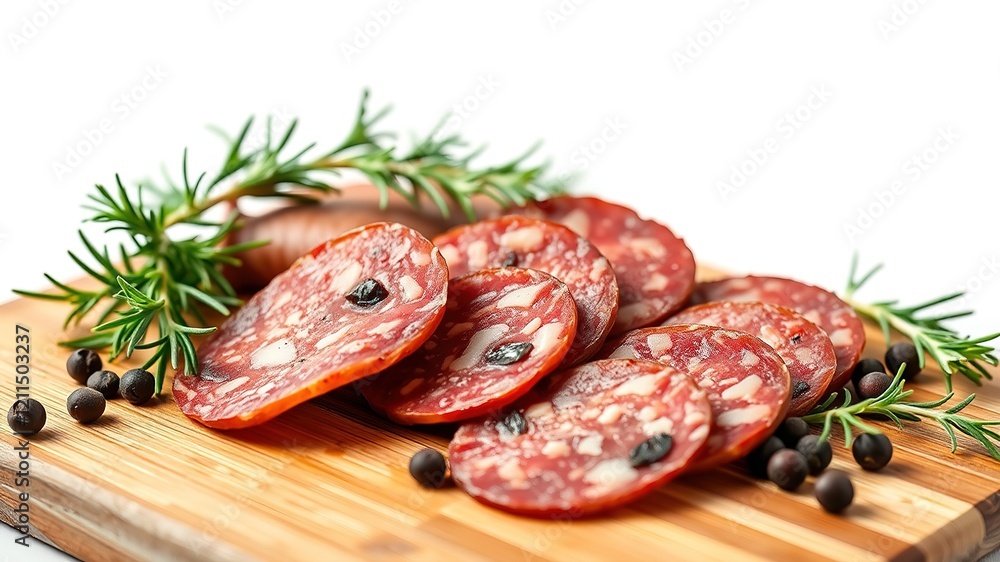 Sliced Salami on Cutting Board - Rosemary & Peppercorns - High-Resolution Food Photography Sliced Salami on Cutting Board - Rosemary & Peppercorns - High-Resolution Food Photography