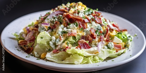 Wedge salad plated with crisp iceberg lettuce topped with blue cheese dressing red onions and crispy bacon on a dark background photo