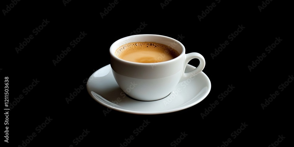 White coffee cup with saucer positioned centrally against a solid black background, showcasing rich brown coffee surface with frothy crema.