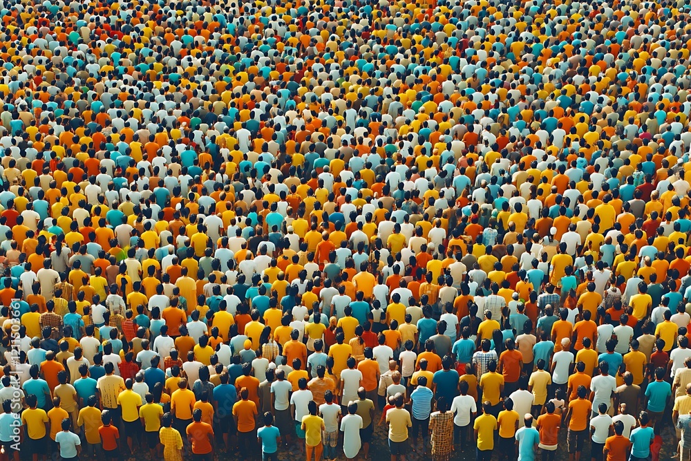 Fototapeta premium A vibrant sea of people: a massive crowd in colorful clothing, viewed from above.