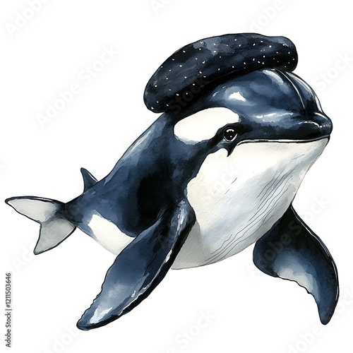 Watercolor Painting of an Orca Whale Wearing a Sea Slug Hat. photo