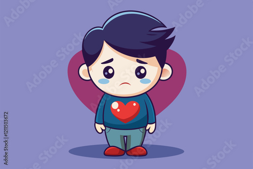 A customizable cartoon illustration of a boy looking sad with tears and a heart shirt, expressing heartbreak Heartbroken Customizable Cartoon Illustration
