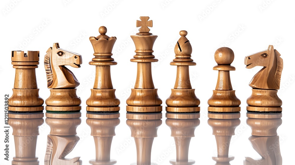 A set of hand-carved wooden chess pieces arranged in a line, isolated on a reflective white surface. A set of hand-carved wooden chess pieces arranged in a line, isolated on a reflective white surface.