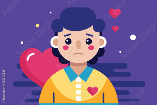 A heartbroken character looks somber against a colorful background with hearts. Perfect for conveying sadness Heartbroken Customizable Flat Illustration