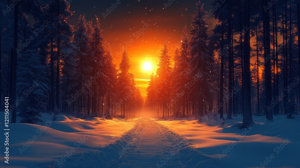 Naklejka premium Majestic Sunset in a Snowy Forest Path