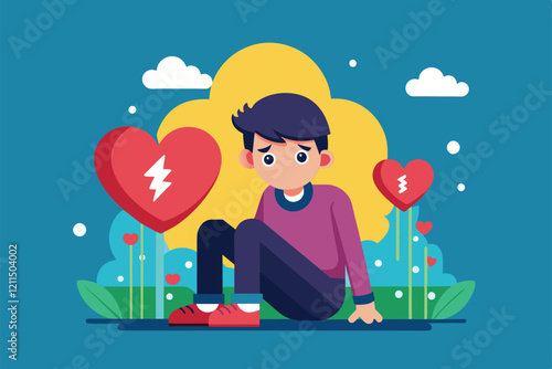 A sad young man sits in a lively garden, feeling heartbroken amidst red hearts and greenery Heartbroken Customizable Semi Flat Illustration