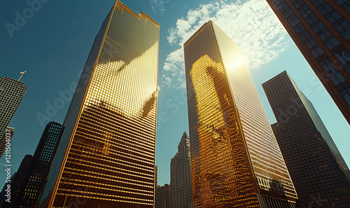 The fa ç ade of modern skyscrapers and glass curtain wall buildings in the city photo